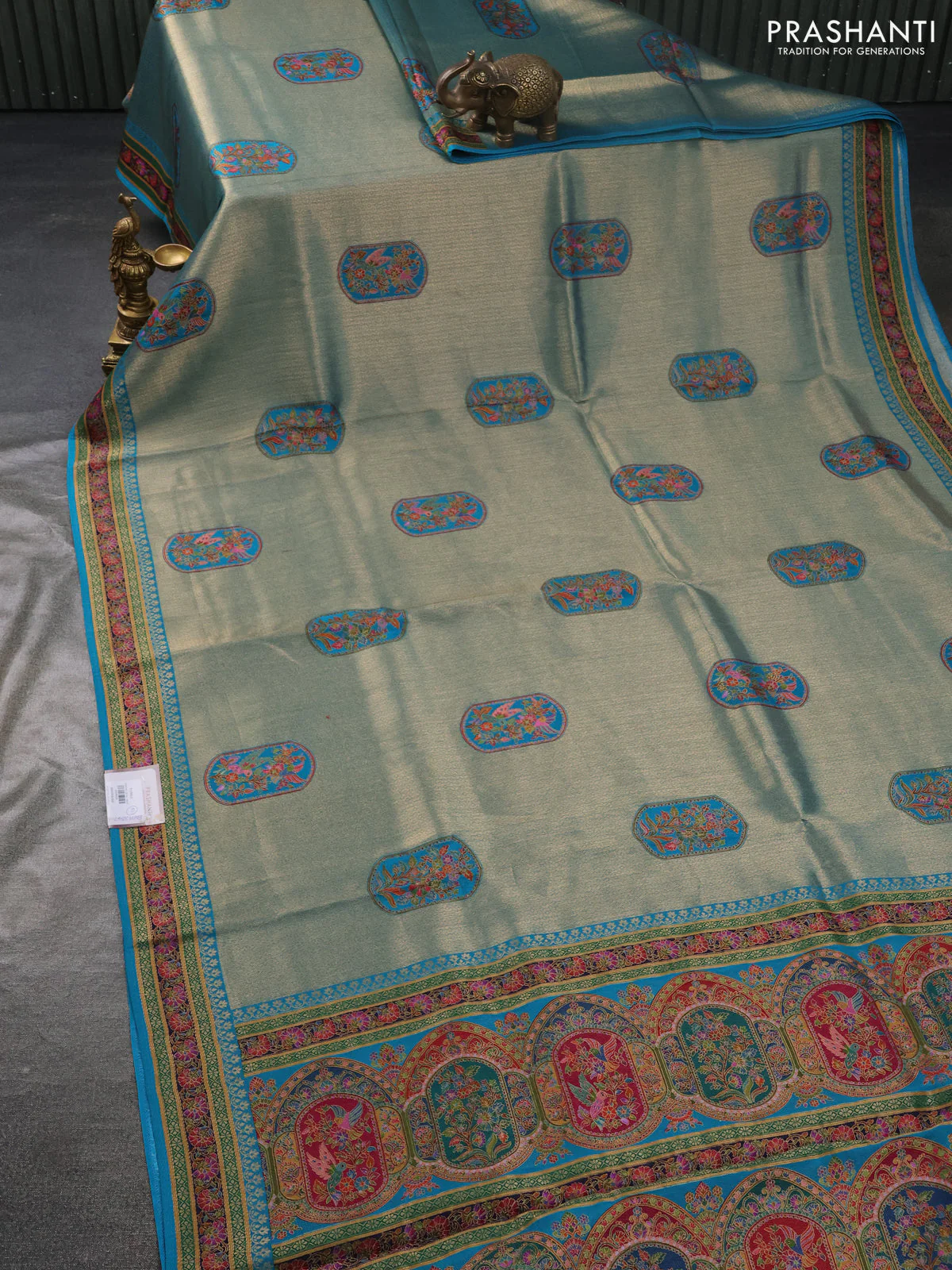 Banarasi silk saree teal blue shade with position prints and printed border - Image 2