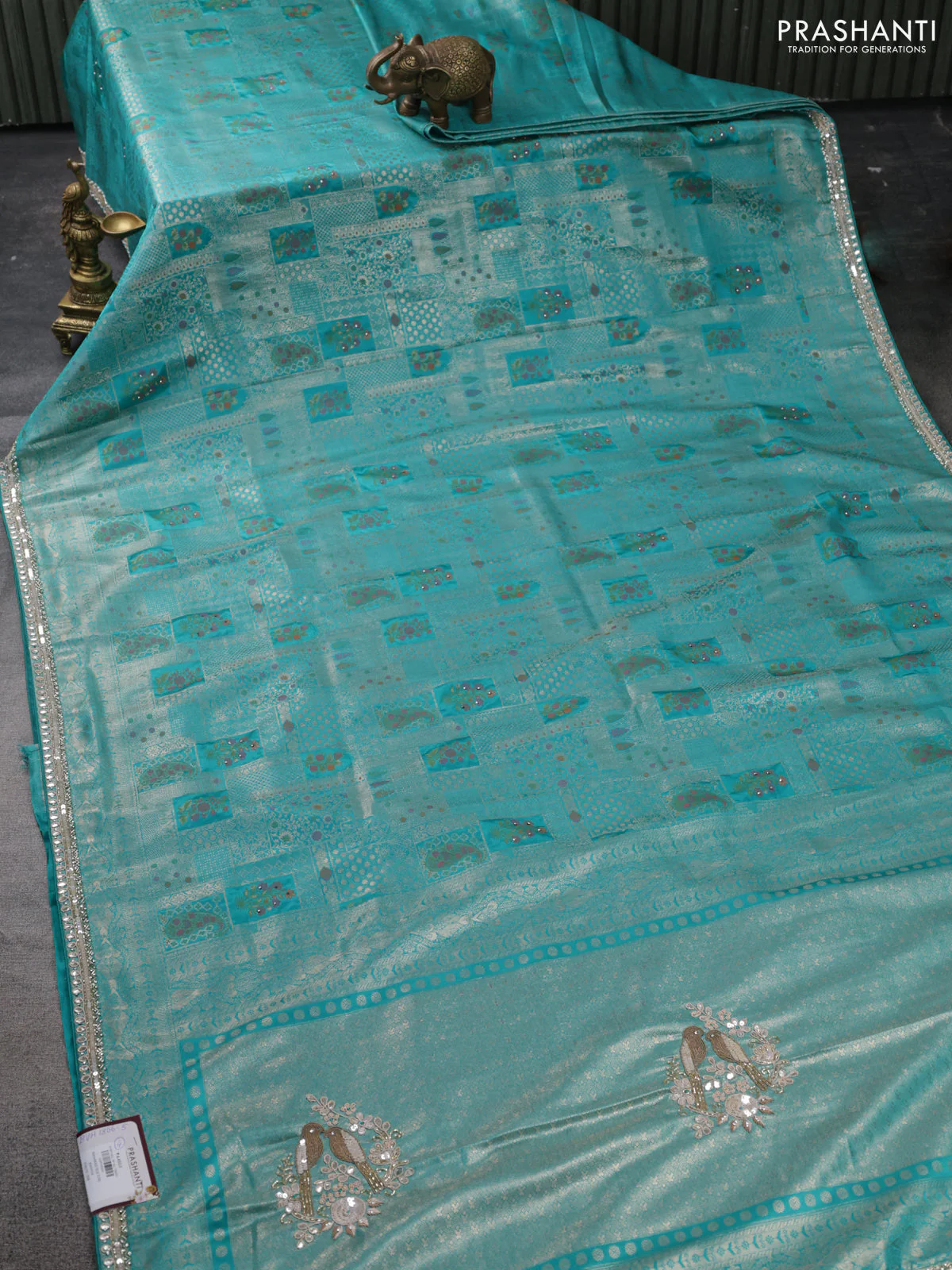 Banarasi silk saree teal blue with allover zari woven brocade weaves and embroidery sequin work border - Image 2