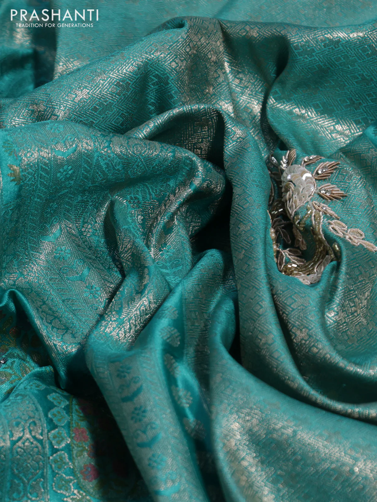 Banarasi silk saree teal blue with allover zari woven brocade weaves and embroidery sequin work border - Image 3