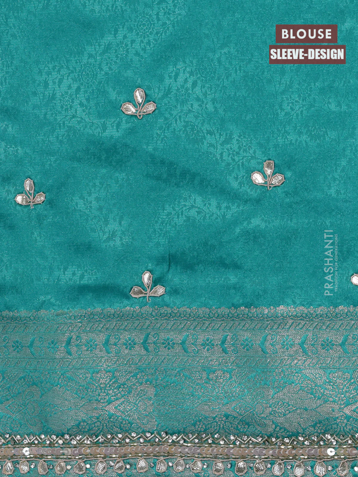 Banarasi silk saree teal blue with allover zari woven brocade weaves and embroidery sequin work border - Image 4