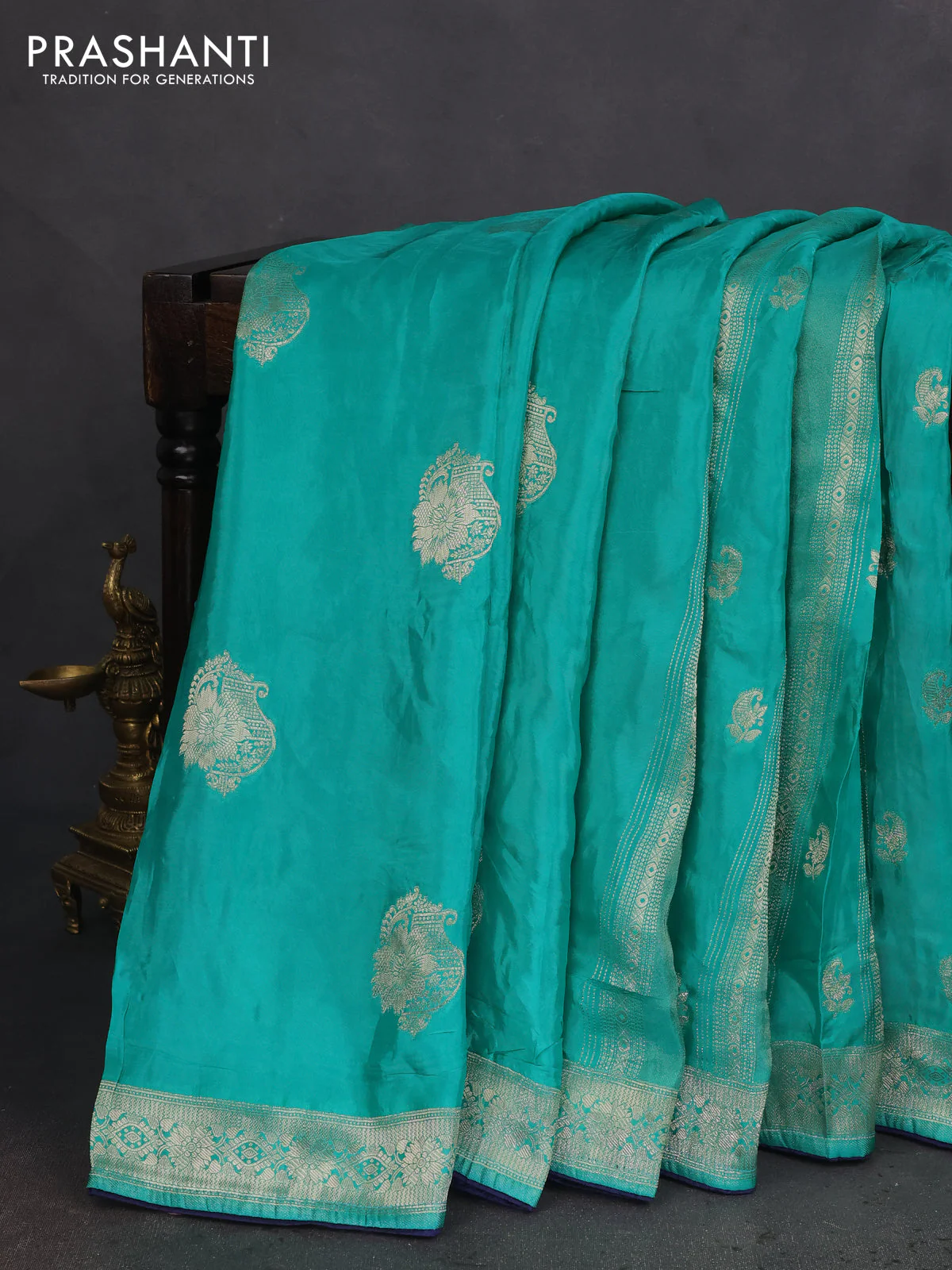 Banarasi silk saree teal green and blue with allover zari weaves and zari woven border - Image 2