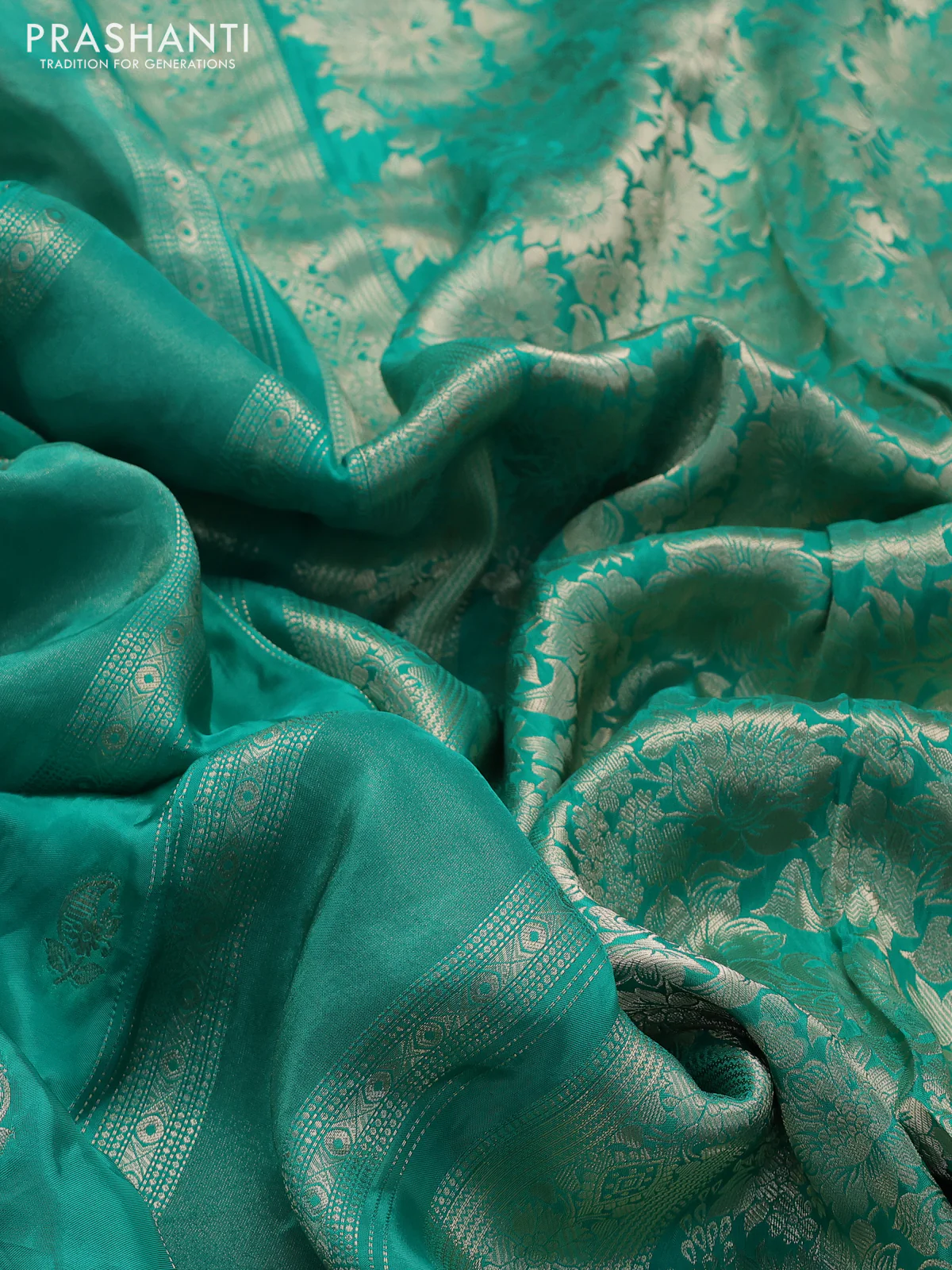 Banarasi silk saree teal green and blue with allover zari weaves and zari woven border - Image 3