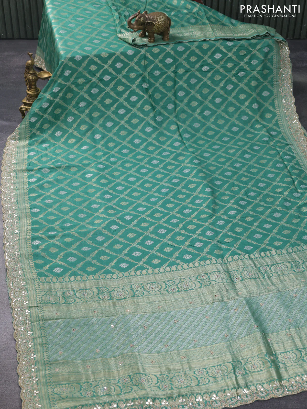 Banarasi silk saree teal green shade with allover banarasi zari weaves and gotapatti lace work border - Image 2