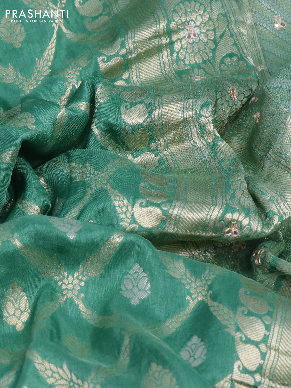 Banarasi silk saree teal green shade with allover banarasi zari weaves and gotapatti lace work border - Image 3