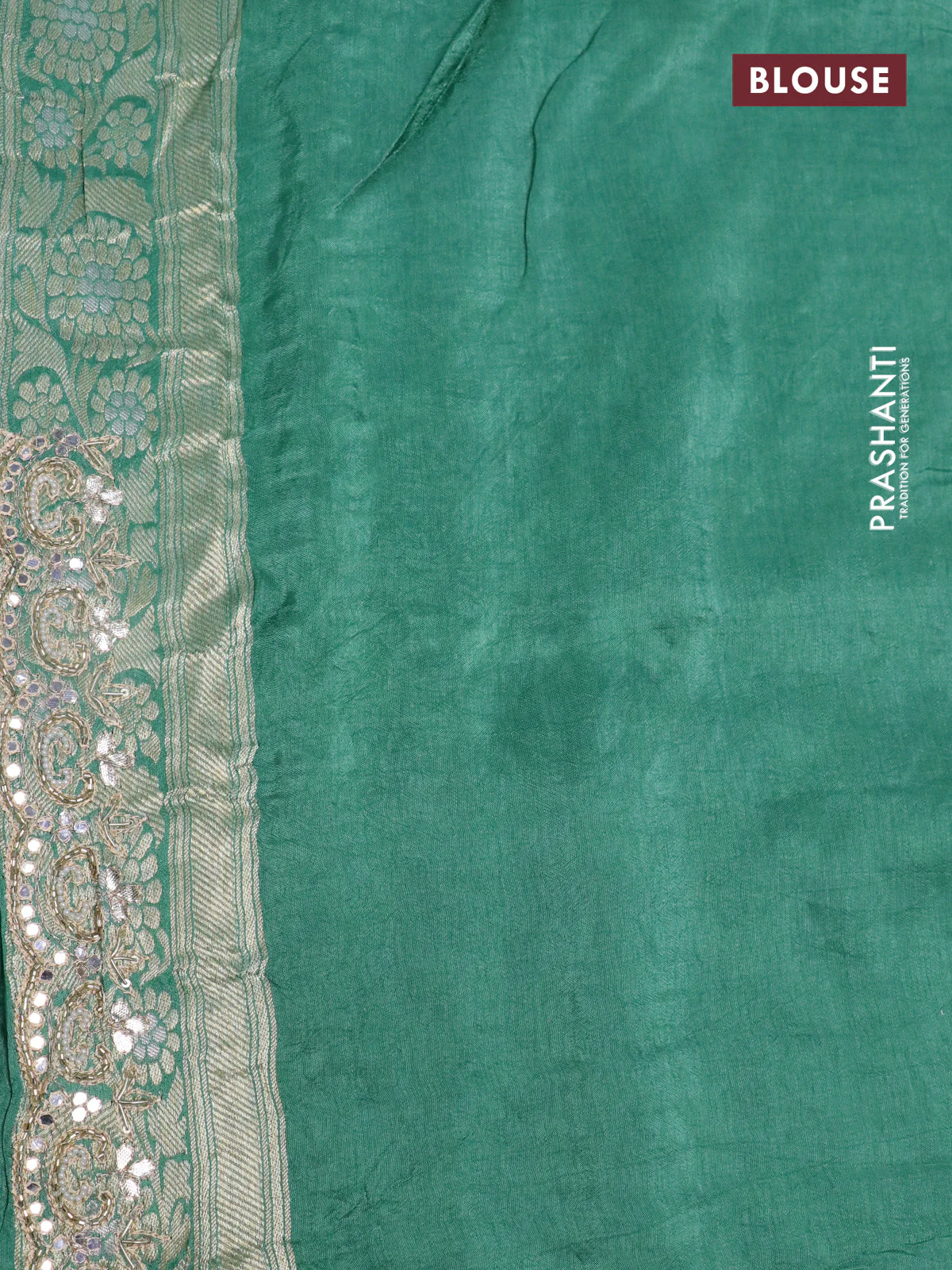Banarasi silk saree teal green shade with allover banarasi zari weaves and gotapatti lace work border - Image 4