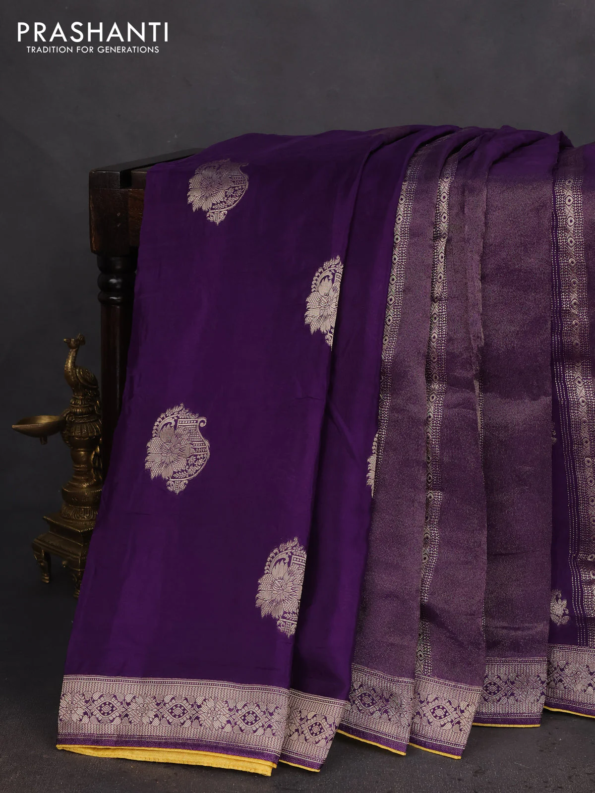 Banarasi silk saree violet and yellow with allover zari weaves and zari woven border - Image 2