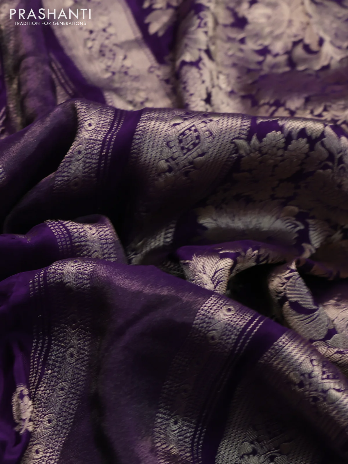 Banarasi silk saree violet and yellow with allover zari weaves and zari woven border - Image 3