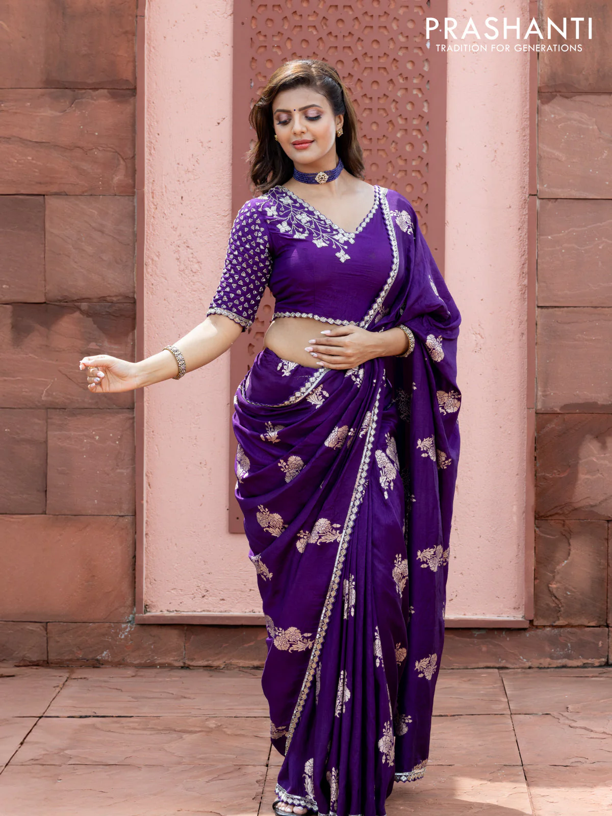 Banarasi silk saree violet with floral zari woven buttas and beaded work border - Image 2