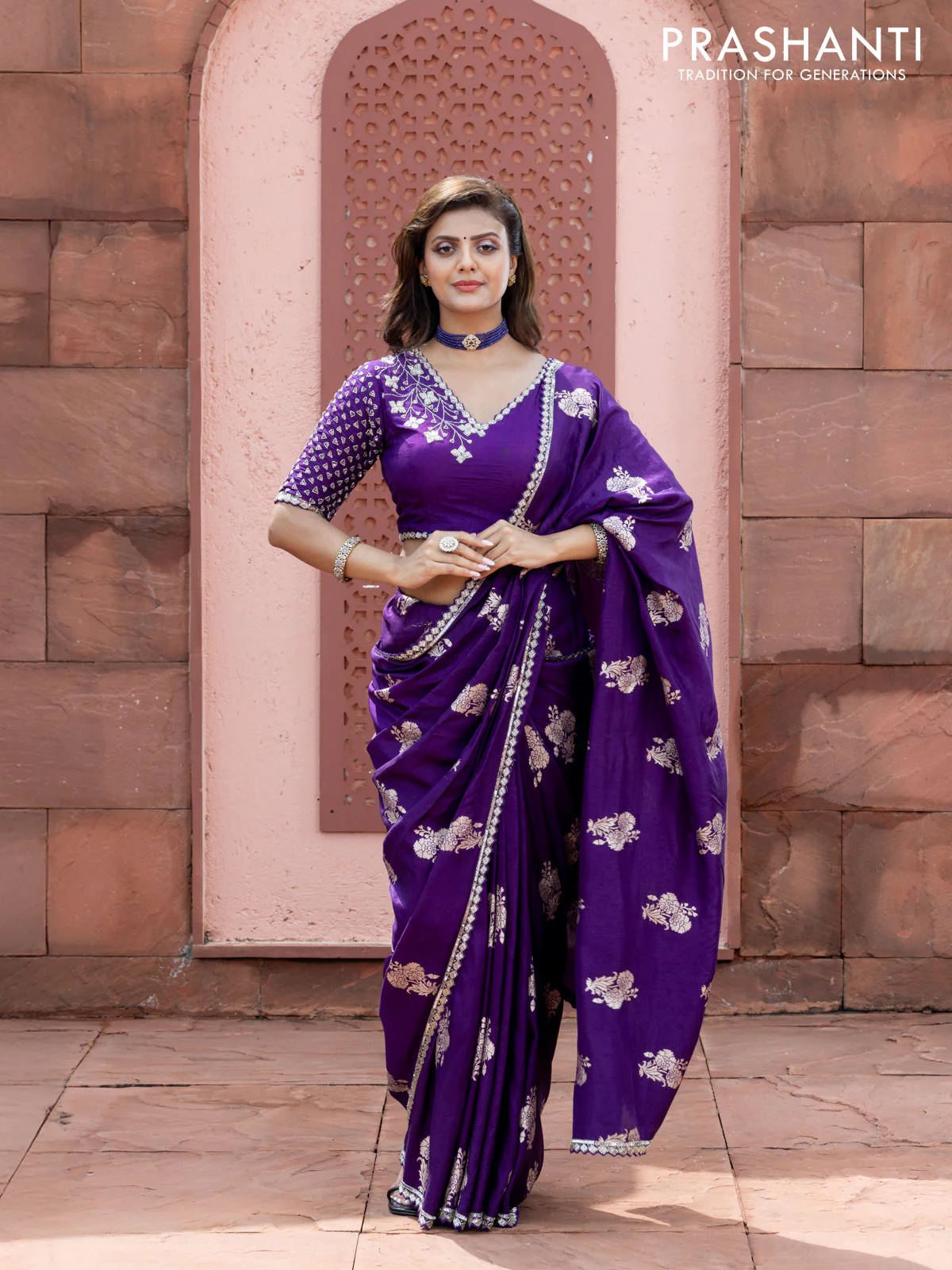 Banarasi silk saree violet with floral zari woven buttas and beaded work border - Image 3