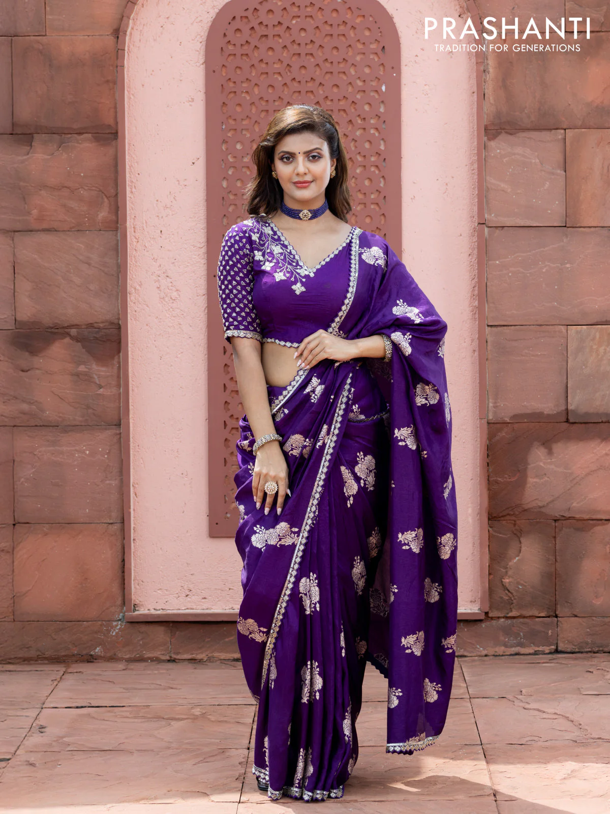 Banarasi silk saree violet with floral zari woven buttas and beaded work border - Image 4