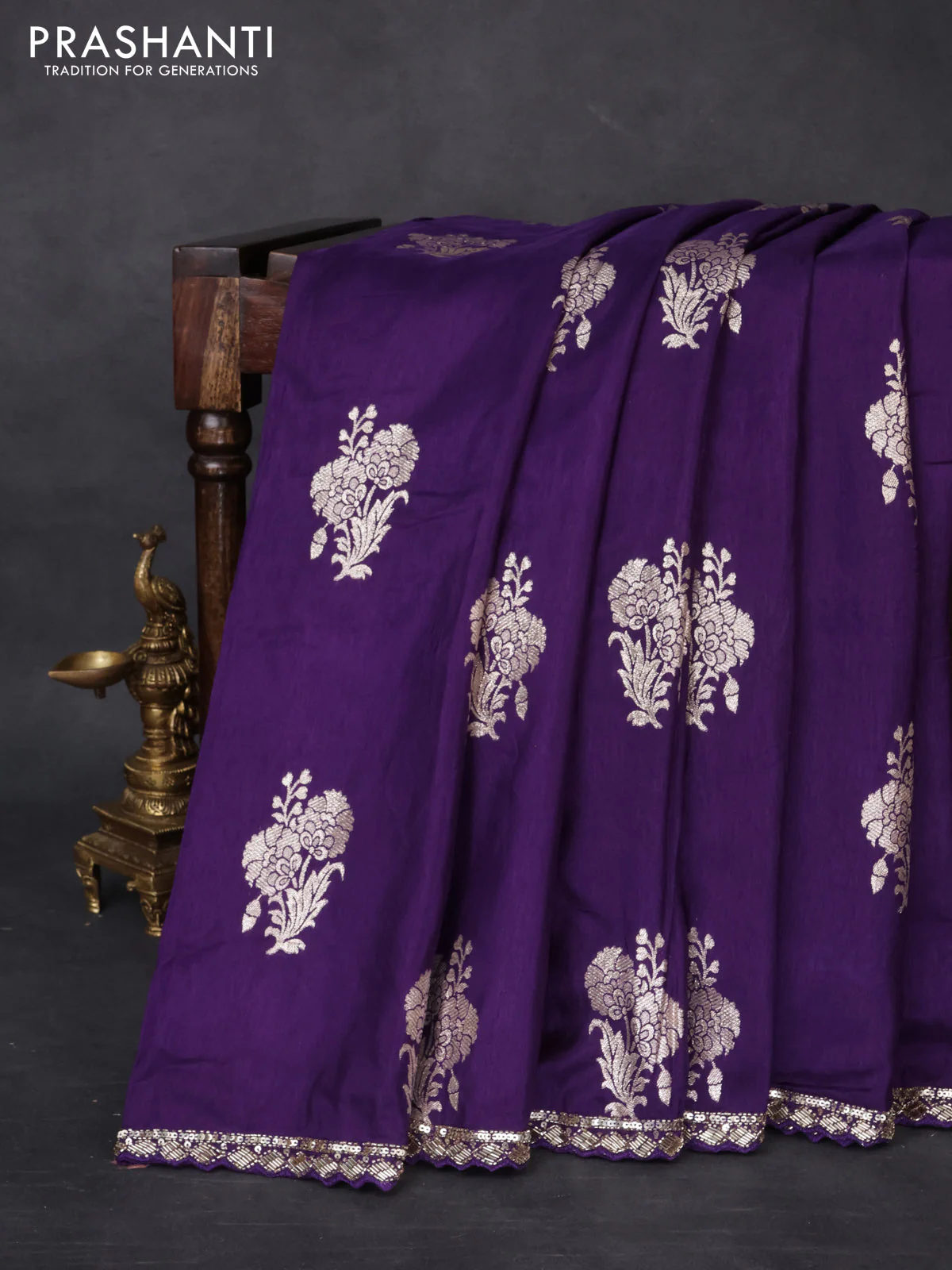 Banarasi silk saree violet with floral zari woven buttas and beaded work border - Image 5