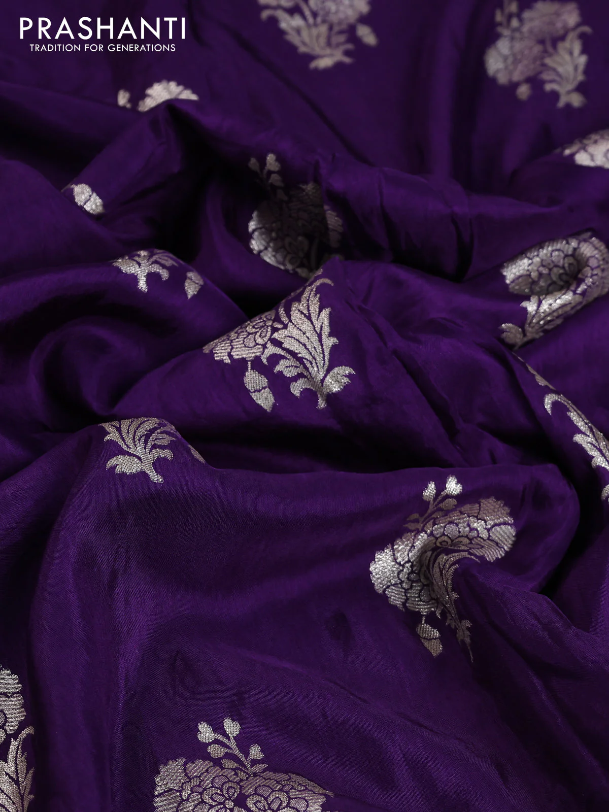 Banarasi silk saree violet with floral zari woven buttas and beaded work border - Image 7
