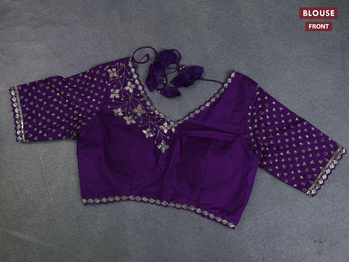 Banarasi silk saree violet with floral zari woven buttas and beaded work border - Image 8