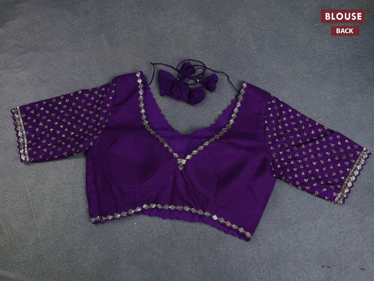 Banarasi silk saree violet with floral zari woven buttas and beaded work border - Image 9