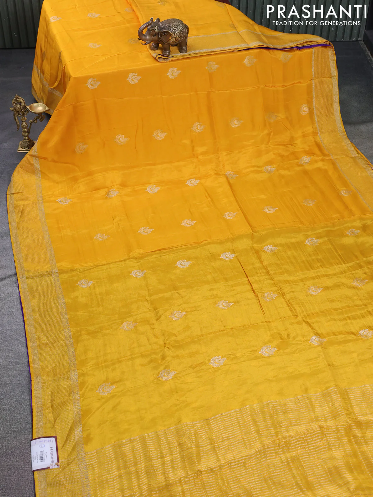 Banarasi silk saree yellow and violet with annam zari woven buttas and zari woven border - Image 2