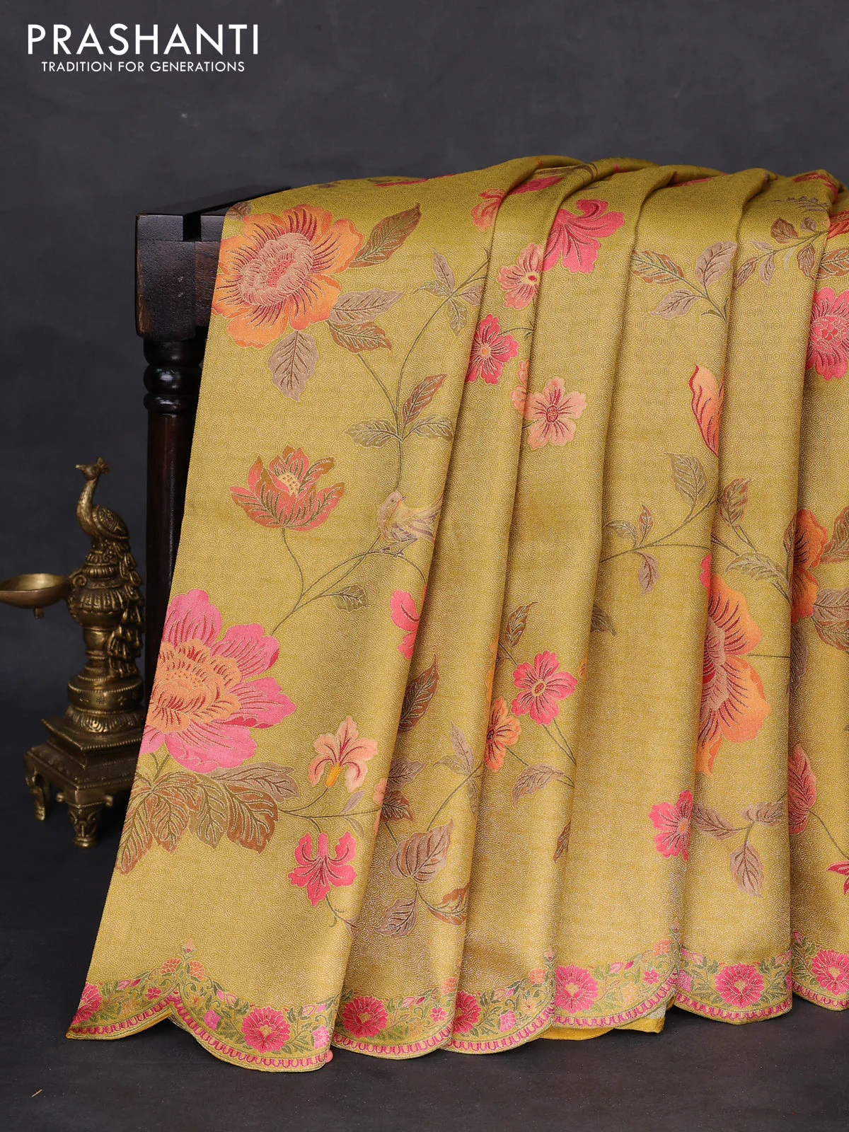 Banarasi silk saree yellow with allover floral prints and scallop design border - Image 2