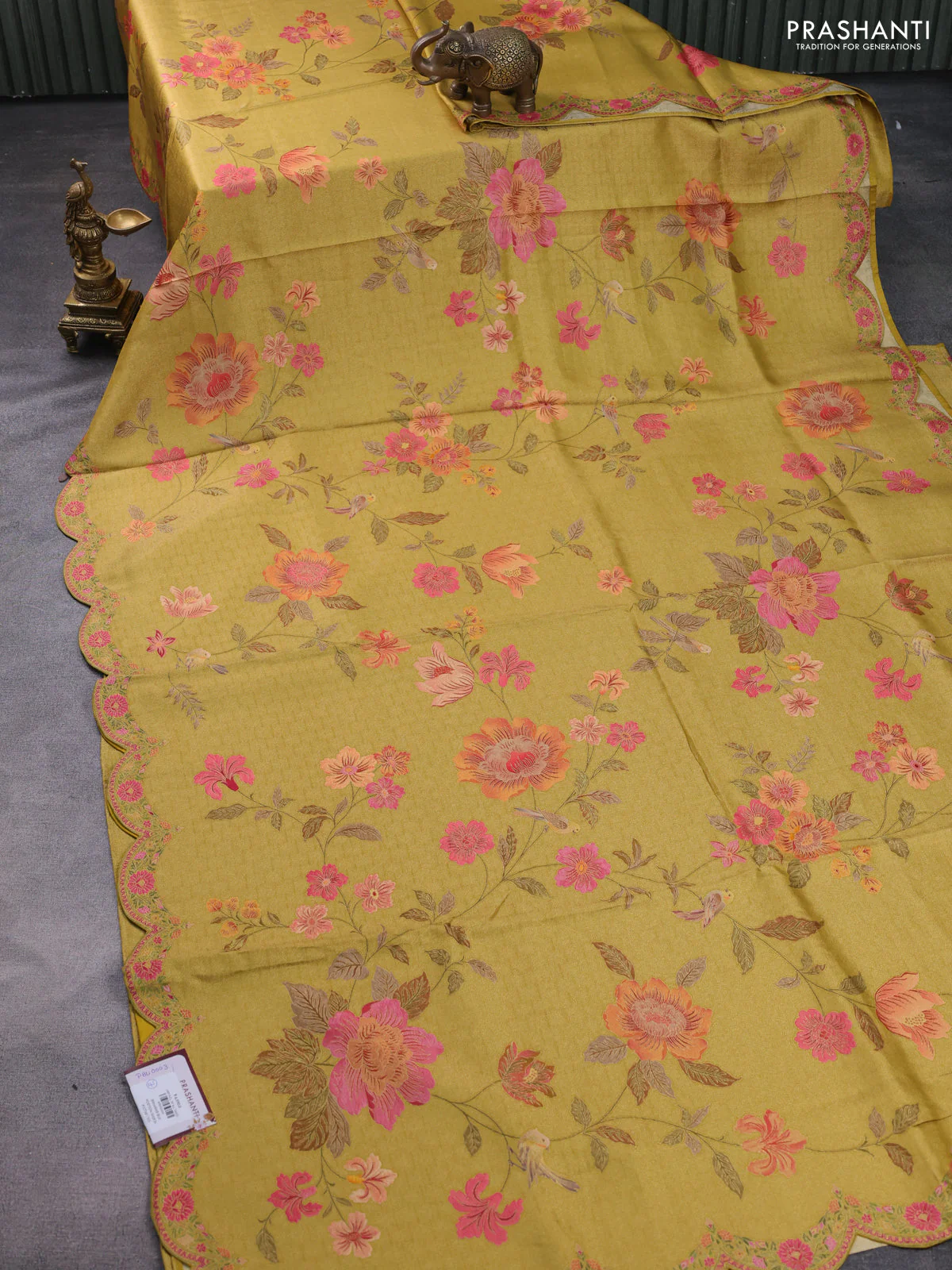 Banarasi silk saree yellow with allover floral prints and scallop design border - Image 3