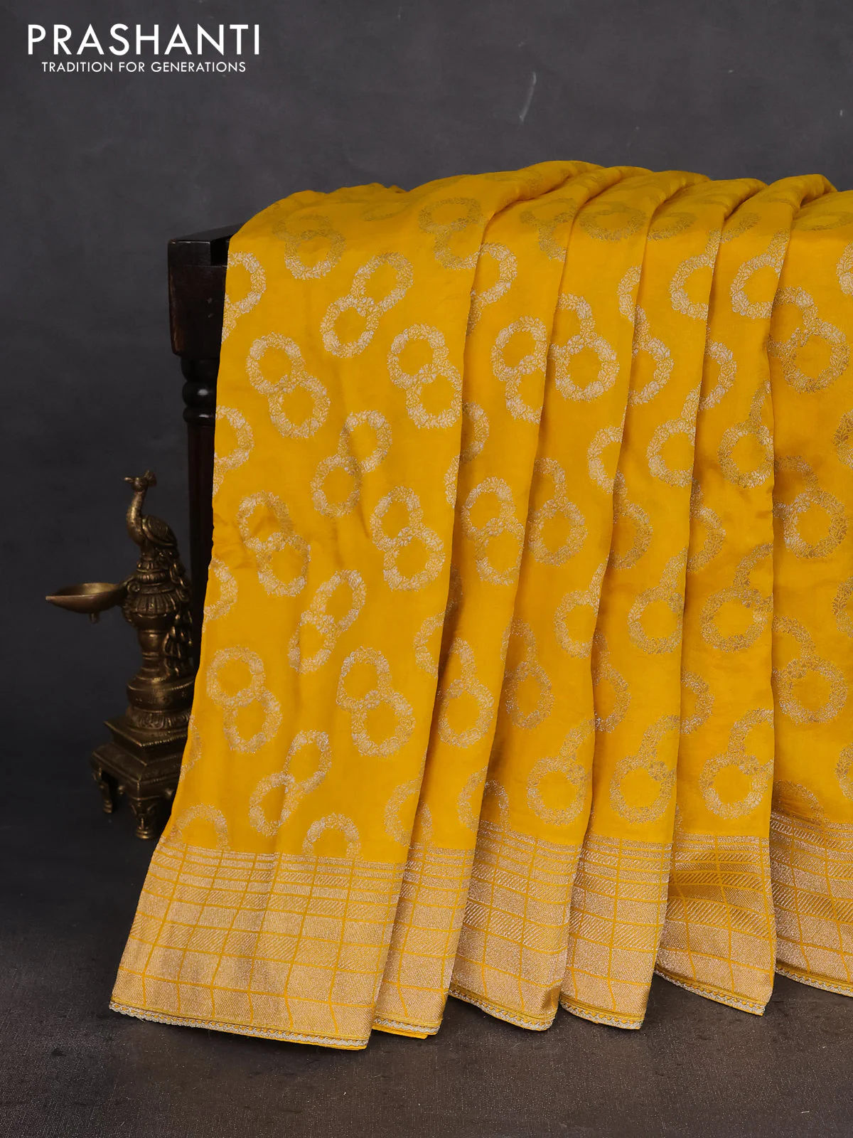 Banarasi silk saree yellow with allover silver & gold zari woven buttas and gotapatti work pallu - Image 2