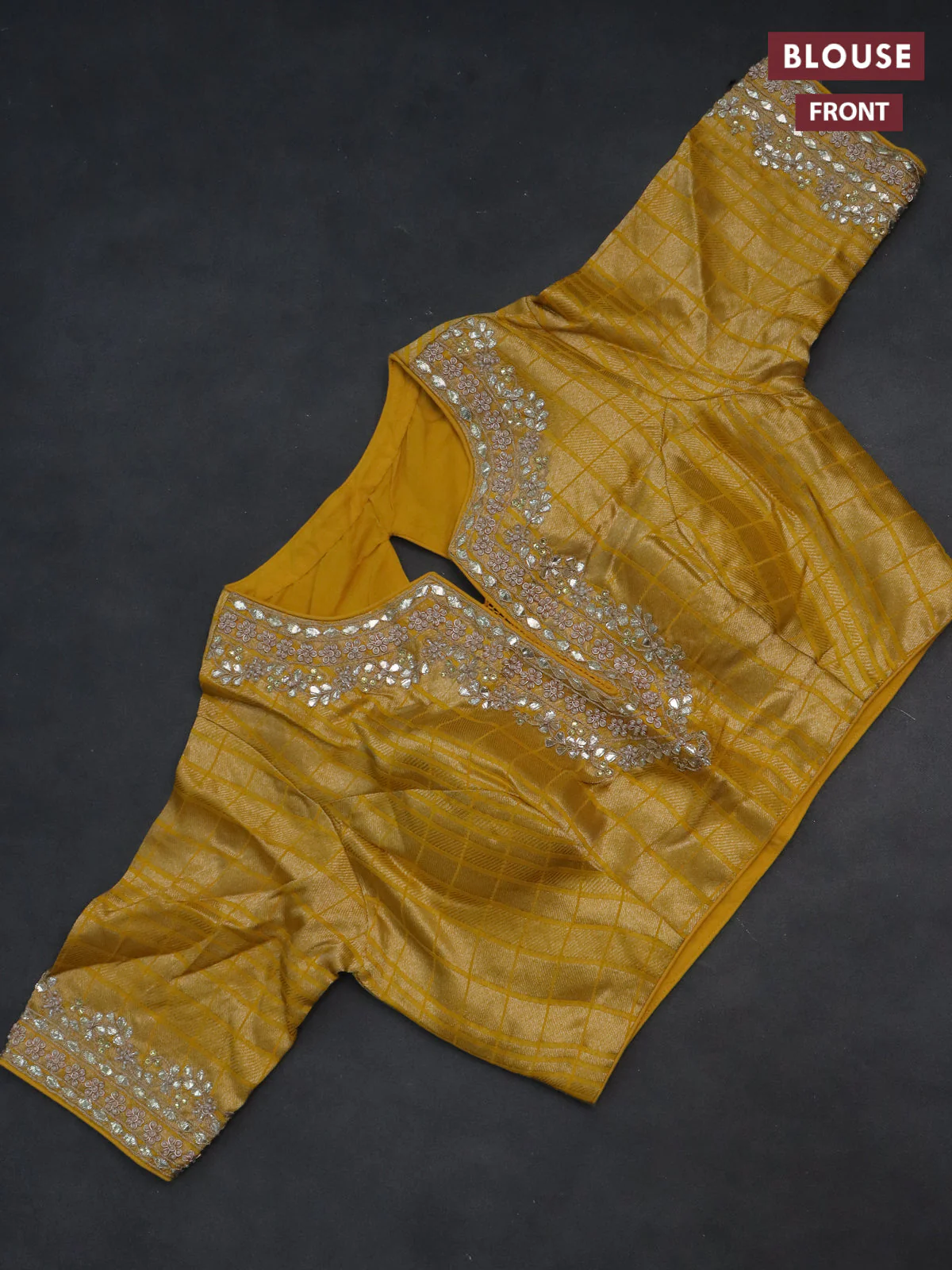 Banarasi silk saree yellow with allover silver & gold zari woven buttas and gotapatti work pallu - Image 3