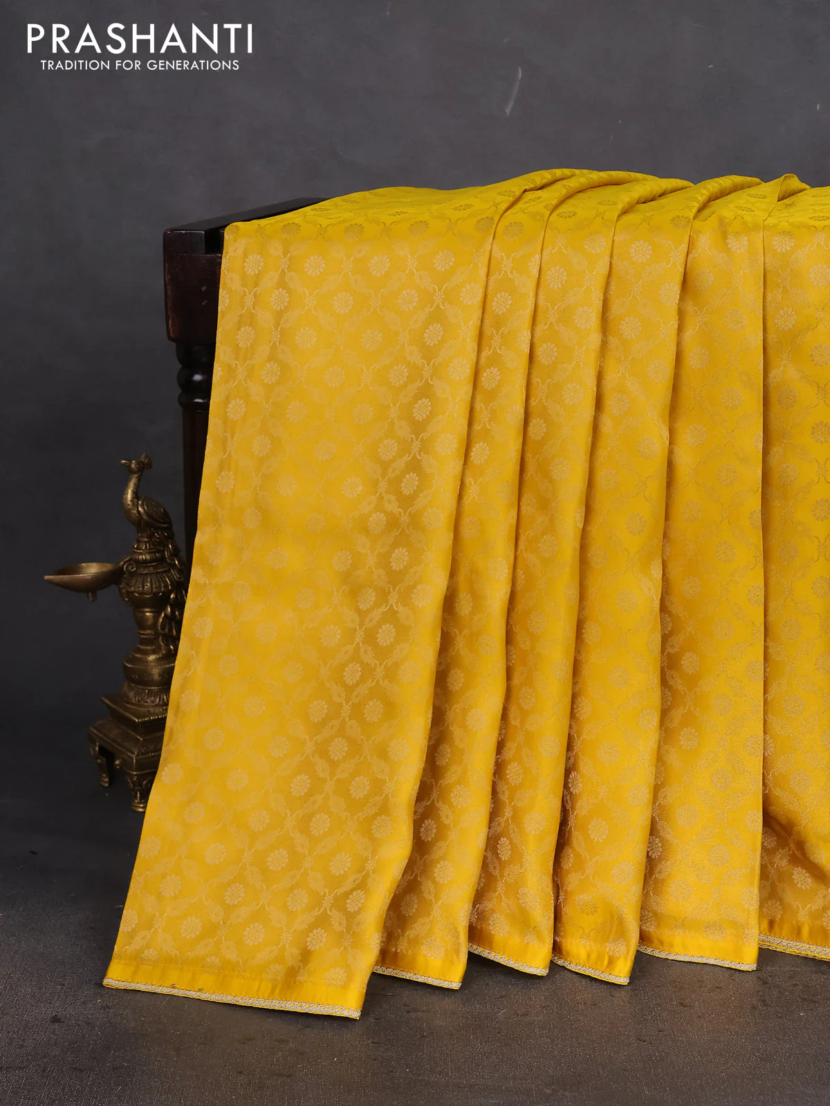 Banarasi silk saree yellow with allover zari woven brocade weaves and lace work border - Image 2