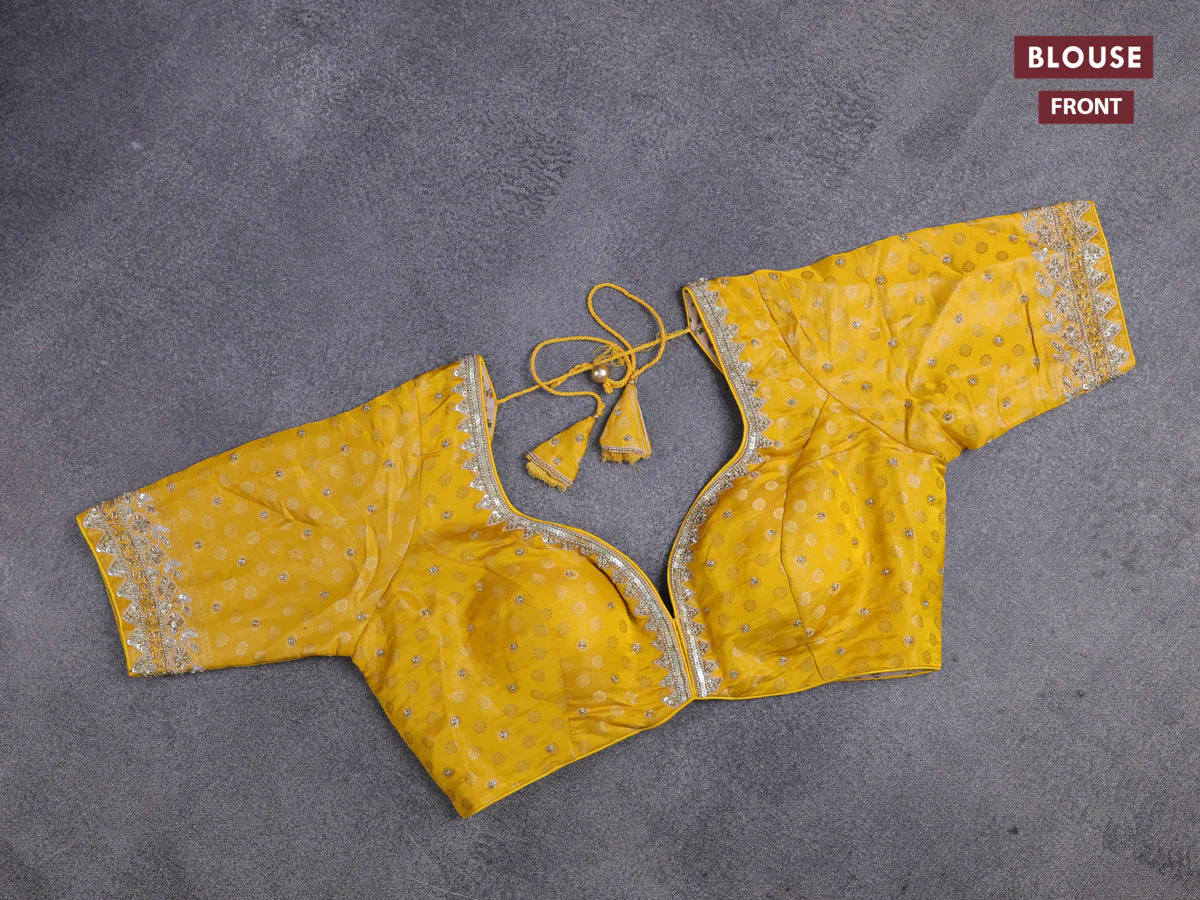 Banarasi silk saree yellow with allover zari woven brocade weaves and lace work border - Image 3