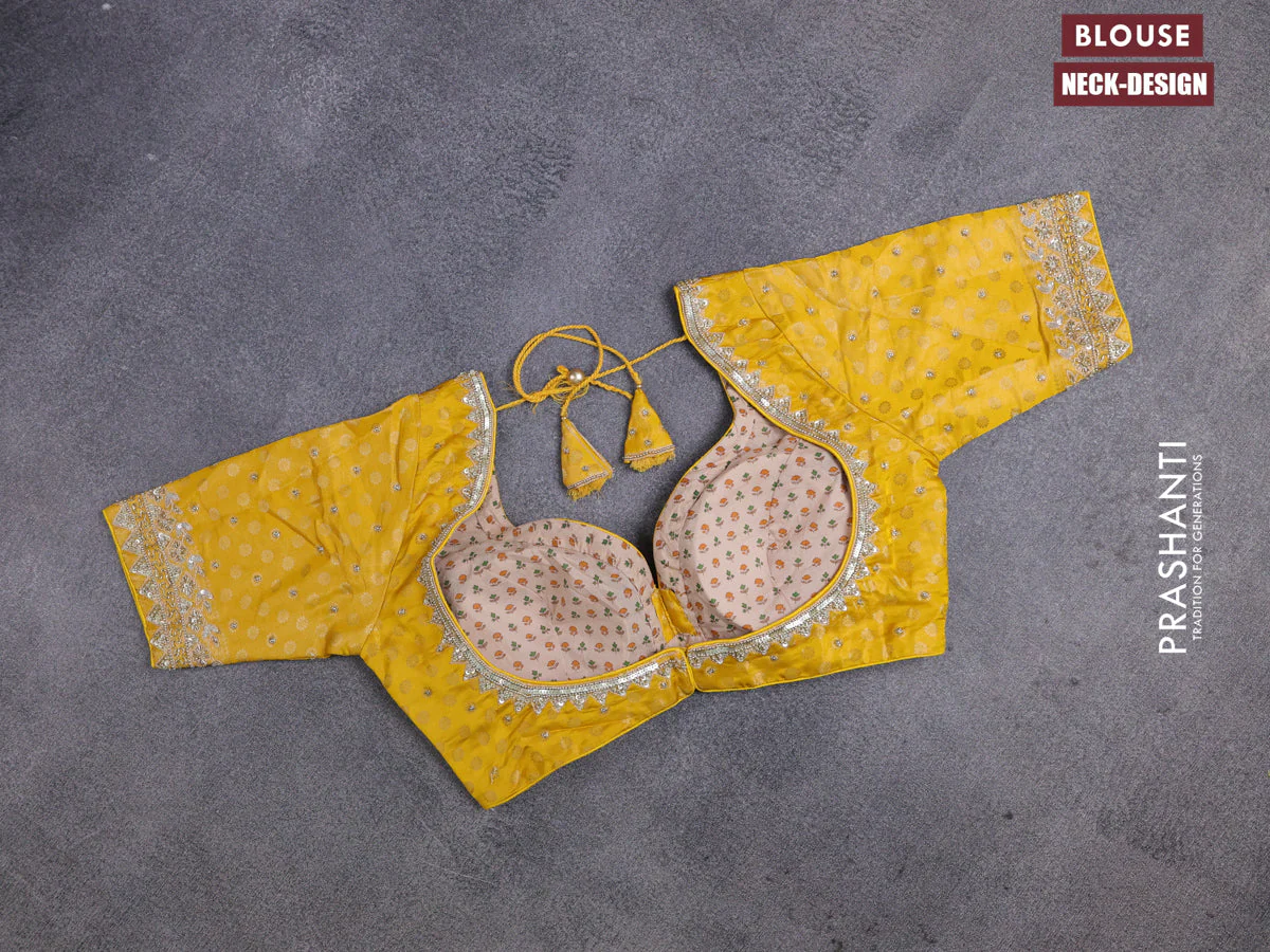 Banarasi silk saree yellow with allover zari woven brocade weaves and lace work border - Image 4