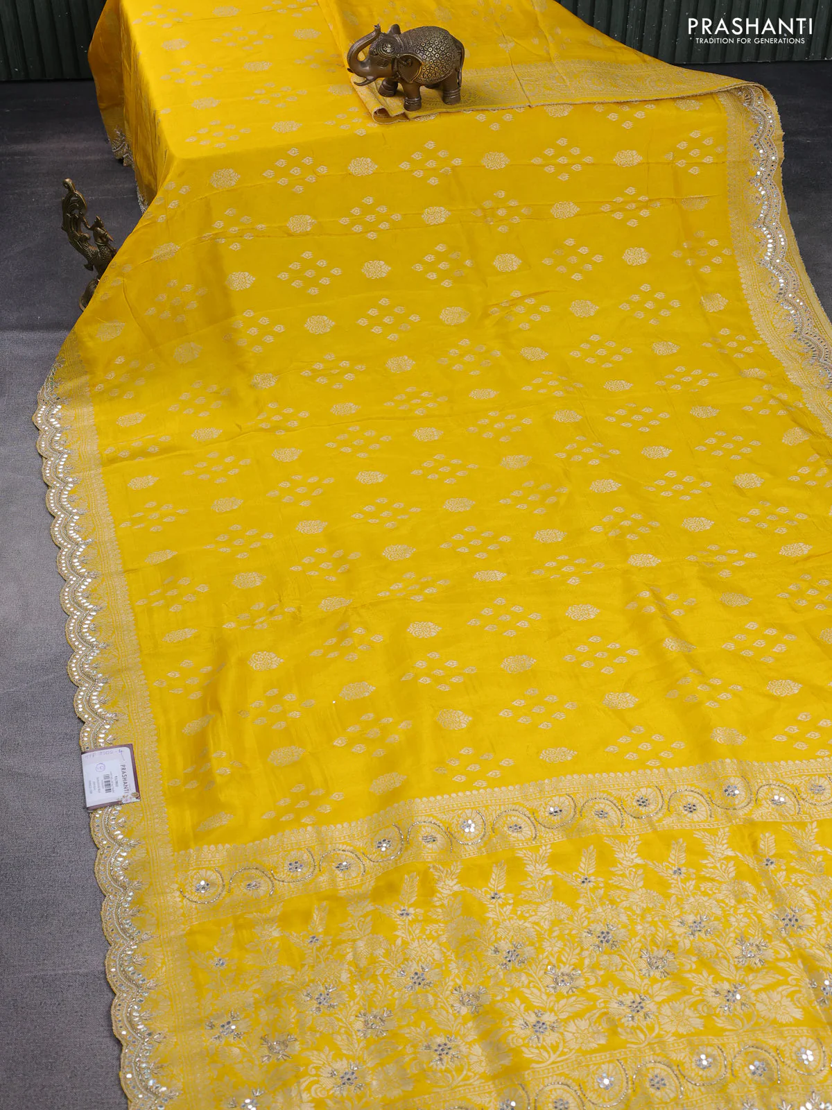 Banarasi silk saree yellow with allover zari woven butta weaves and gotapatti work border - Image 2