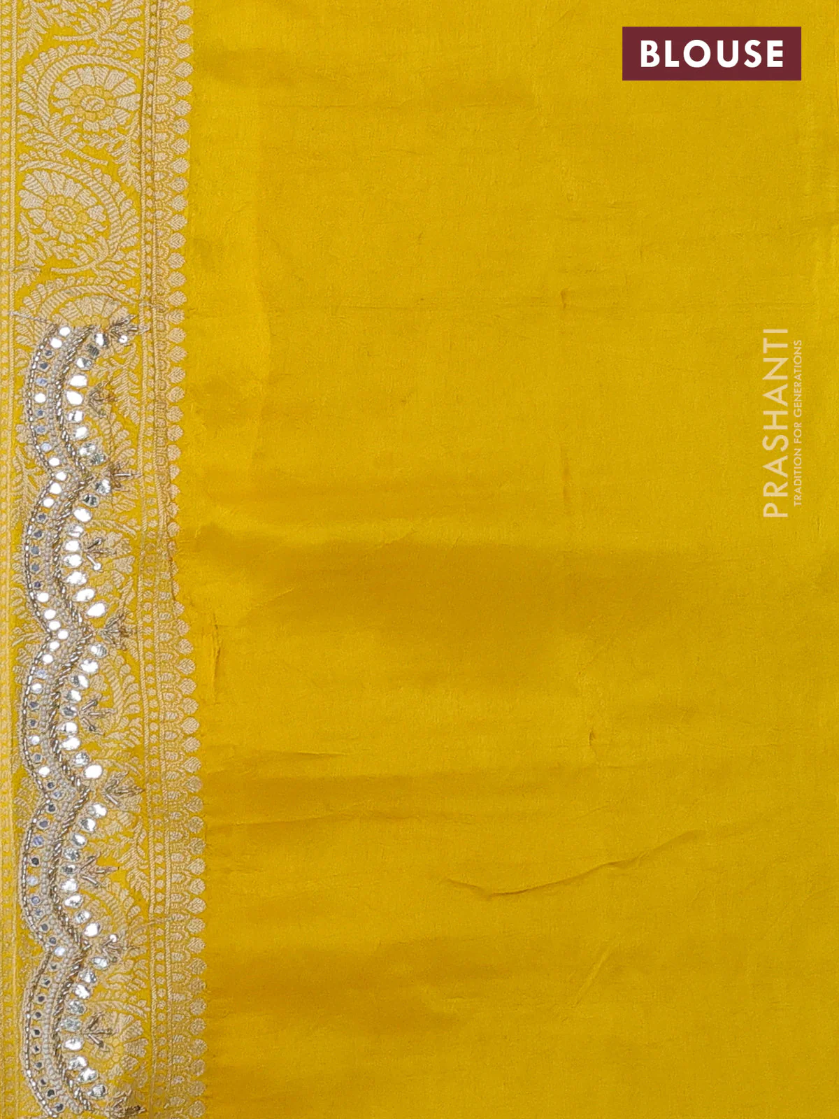 Banarasi silk saree yellow with allover zari woven butta weaves and gotapatti work border - Image 3