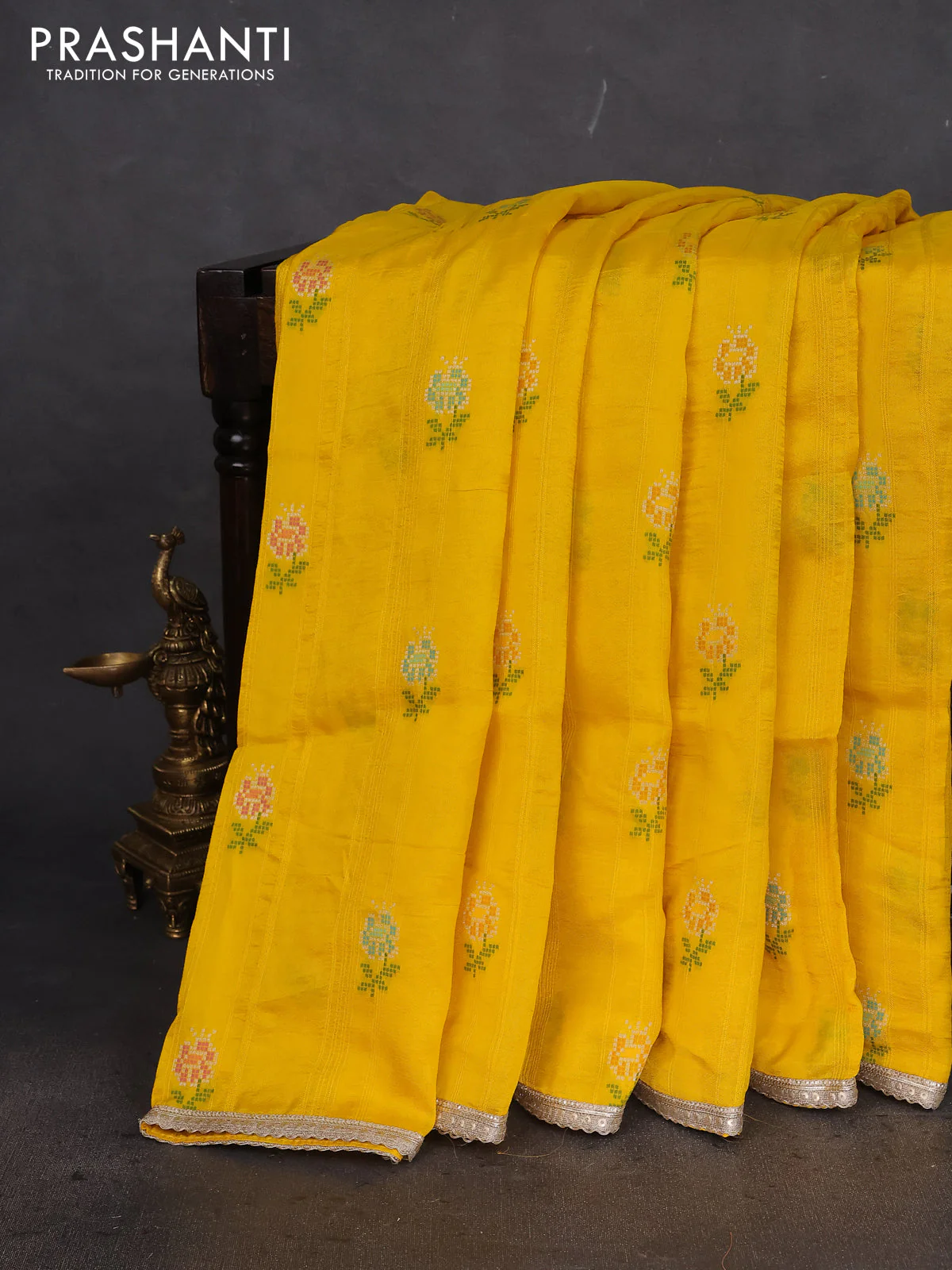 Banarasi silk saree yellow with thread & zari woven floral buttas and gotapatti work pallu - Image 2