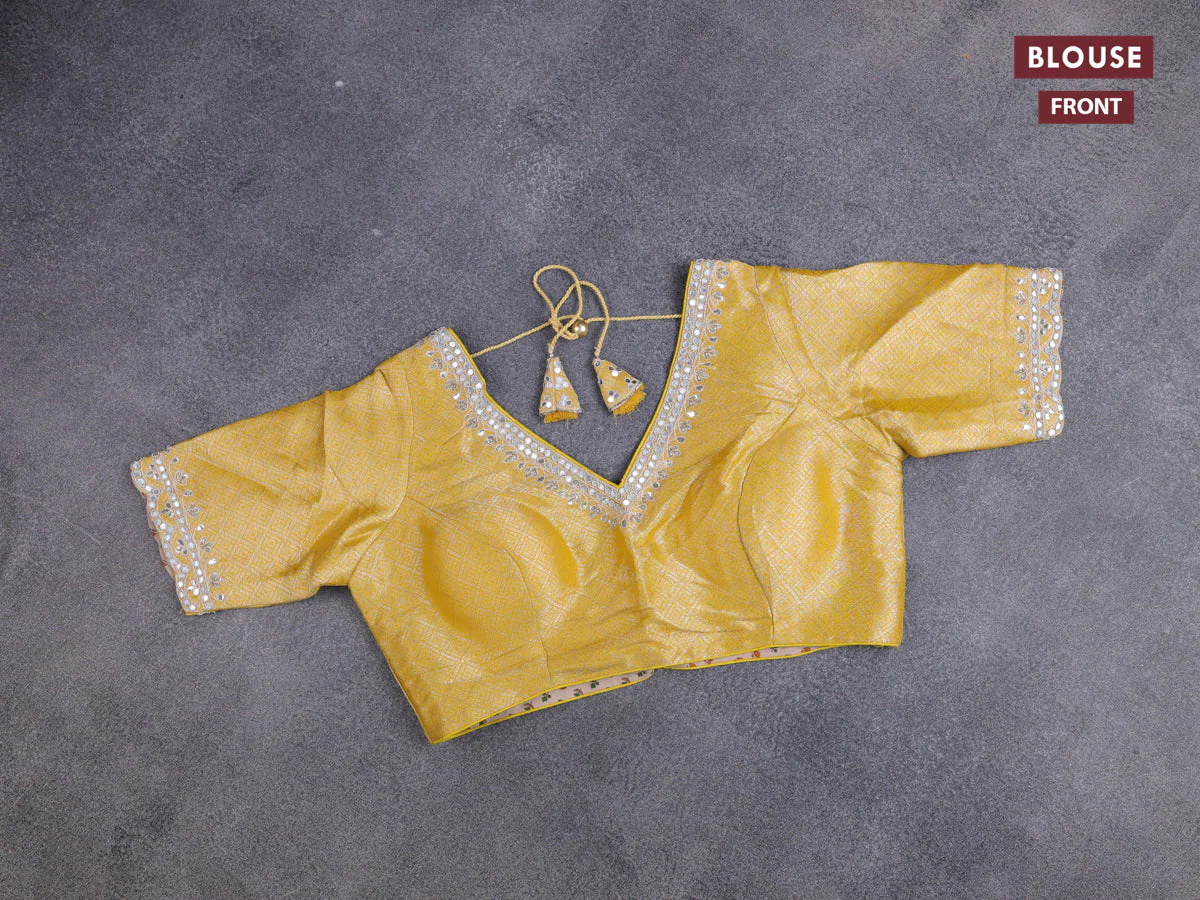 Banarasi silk saree yellow with thread & zari woven floral buttas and gotapatti work pallu - Image 3