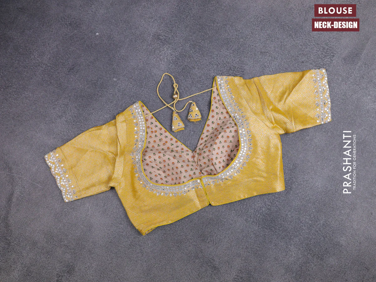 Banarasi silk saree yellow with thread & zari woven floral buttas and gotapatti work pallu - Image 4
