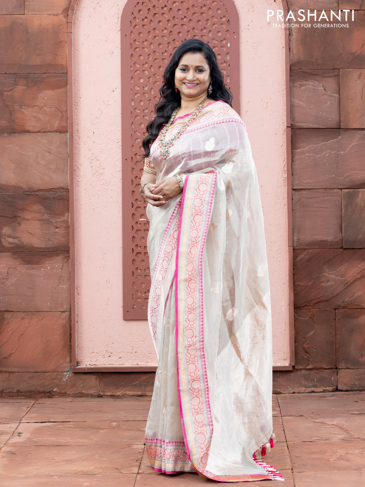Banarasi tissue organza silk saree off white and pink with zari woven buttas and banarasi style border - Image 3