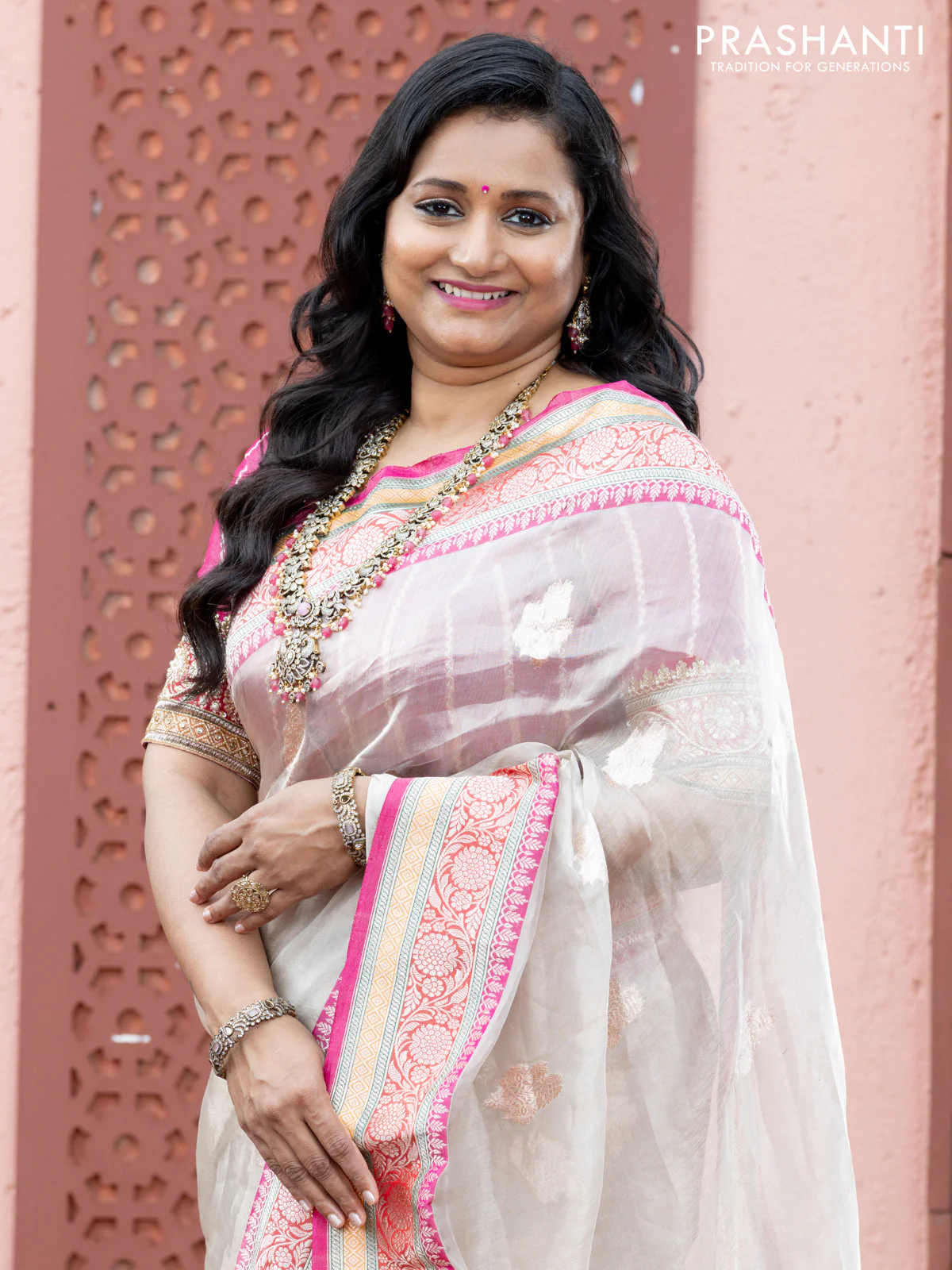 Banarasi tissue organza silk saree off white and pink with zari woven buttas and banarasi style border - Image 4