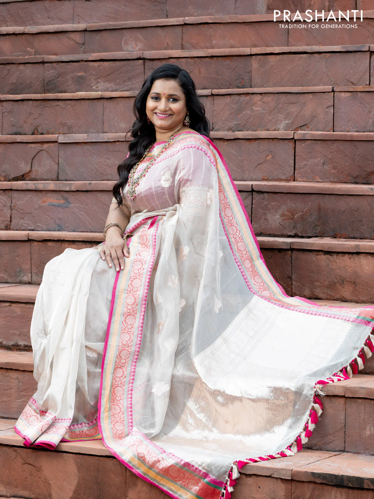 Banarasi tissue organza silk saree off white and pink with zari woven buttas and banarasi style border - Image 5