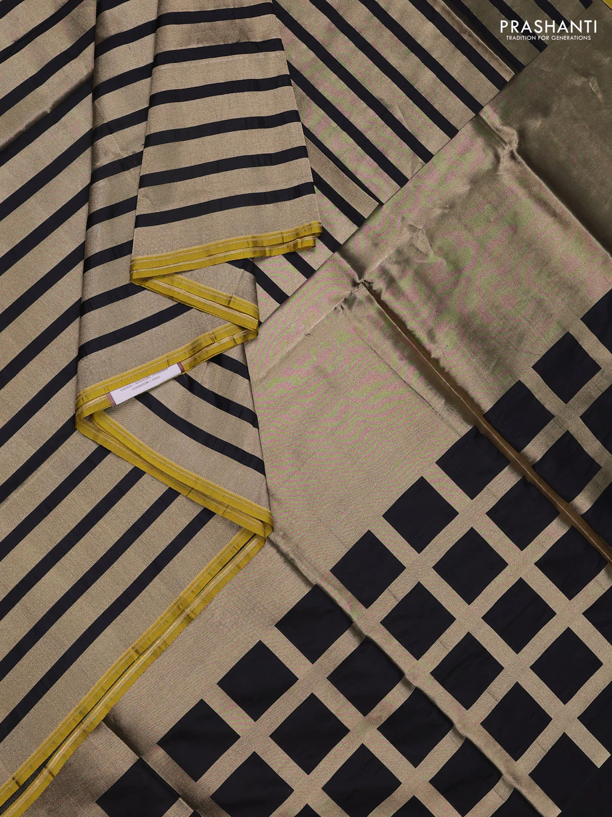 Banarasi tissue partly saree gold and black with plain body and piping border - Image 2