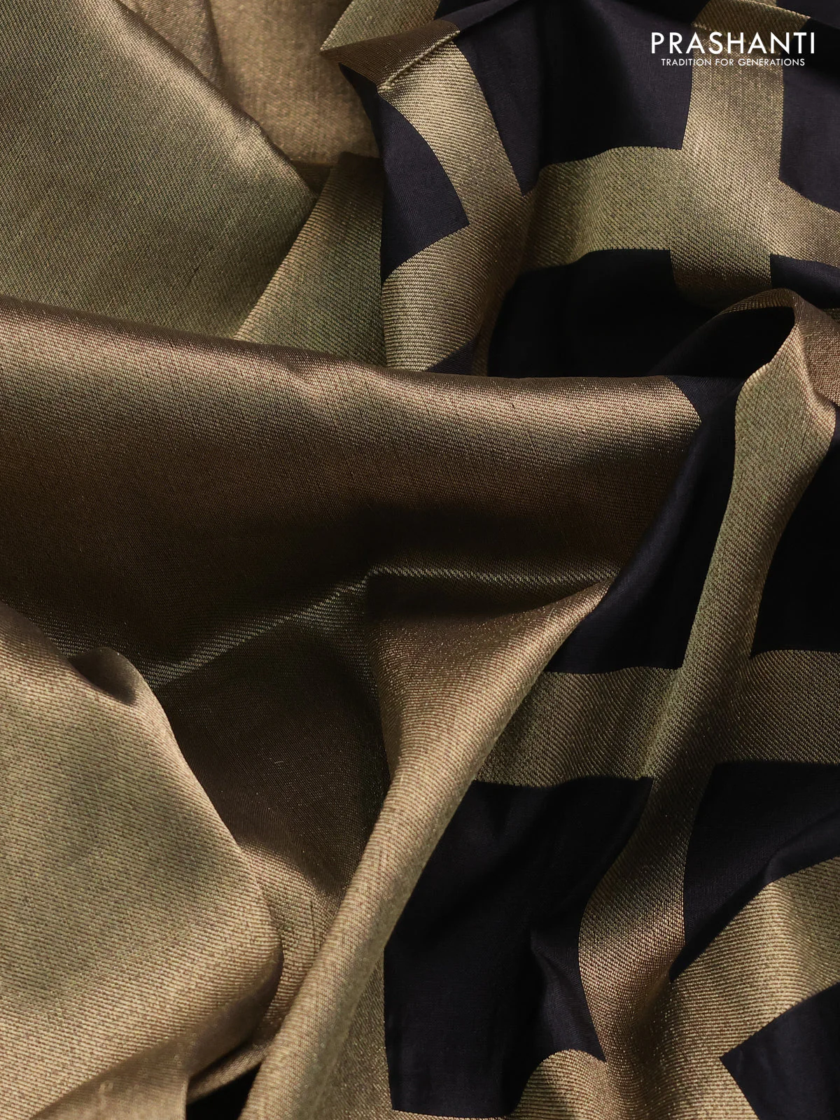 Banarasi tissue partly saree gold and black with plain body and piping border - Image 4