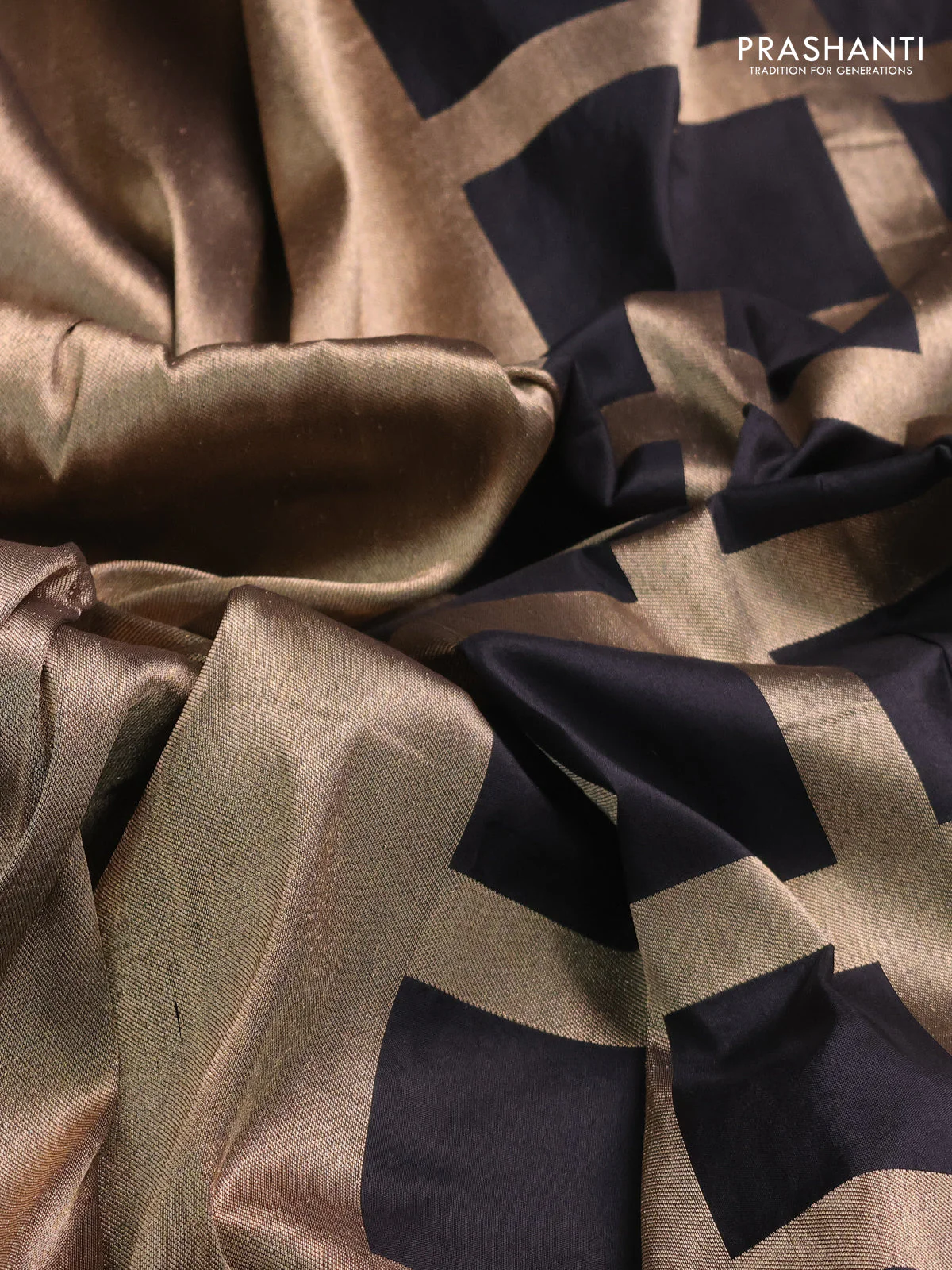 Banarasi tissue partly saree gold and black with plain body and piping border - Image 4