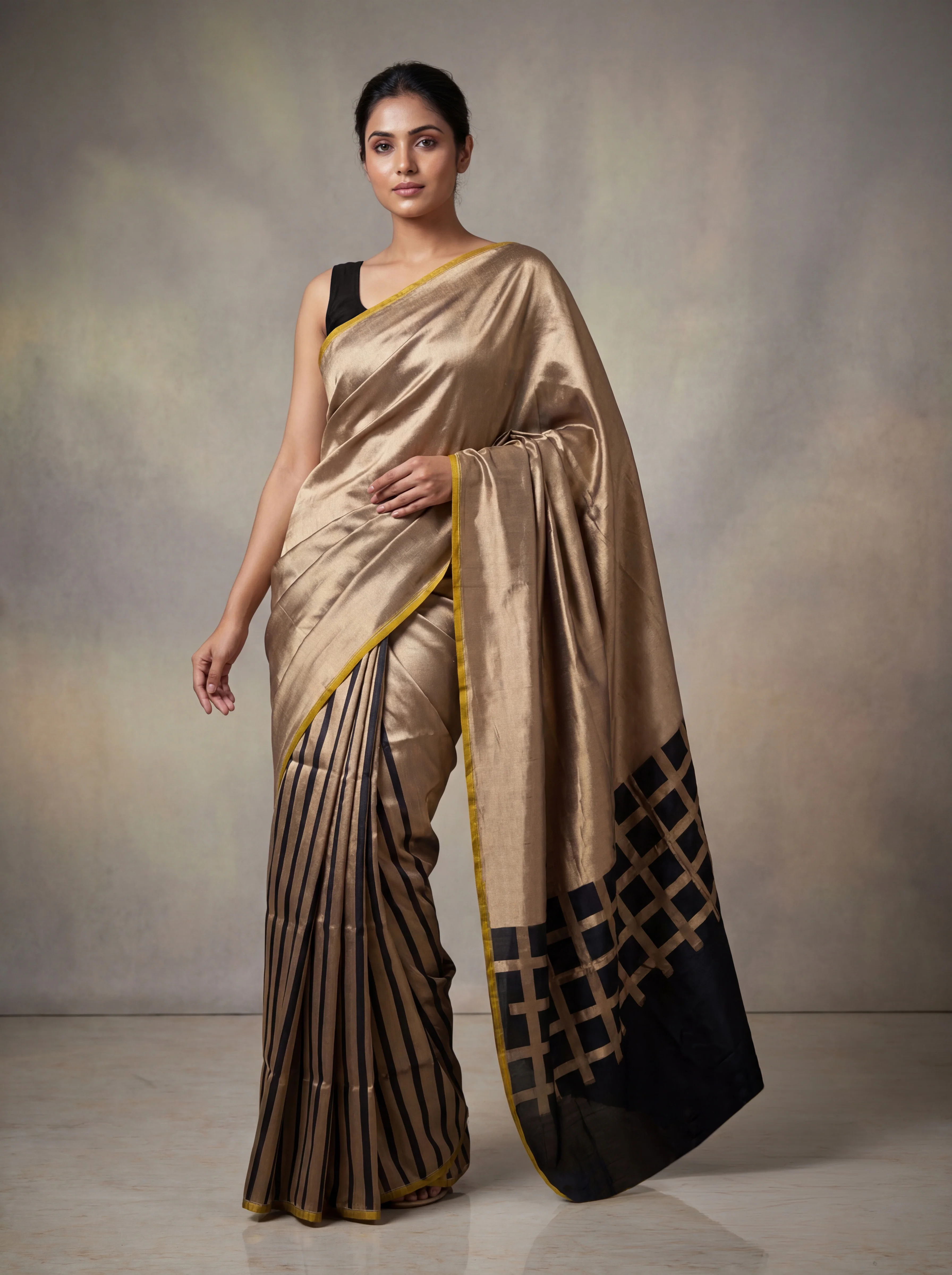Banarasi tissue partly saree gold and black with plain body and piping border