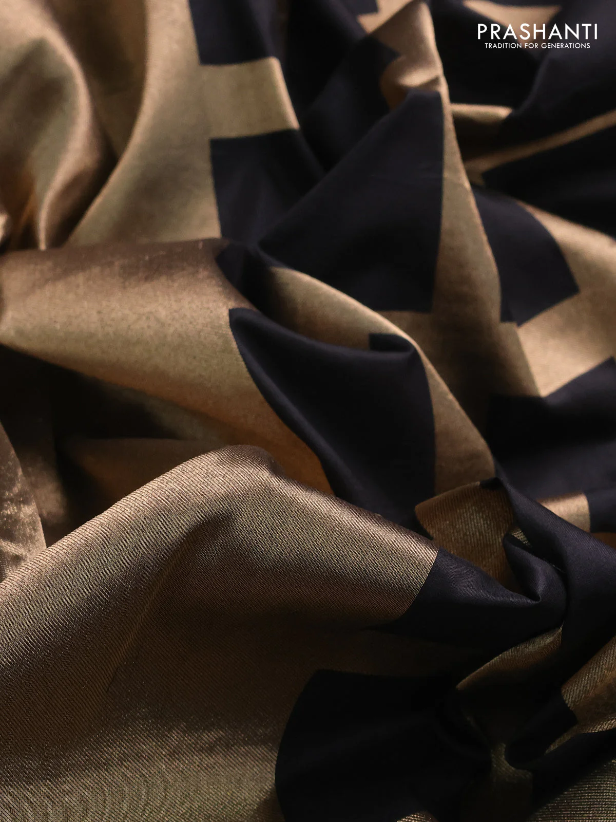 Banarasi tissue partly saree gold and black with plain body and piping border - Image 4