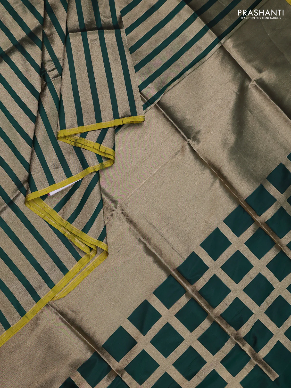 Banarasi tissue partly saree gold and green with plain body and piping border - Image 2