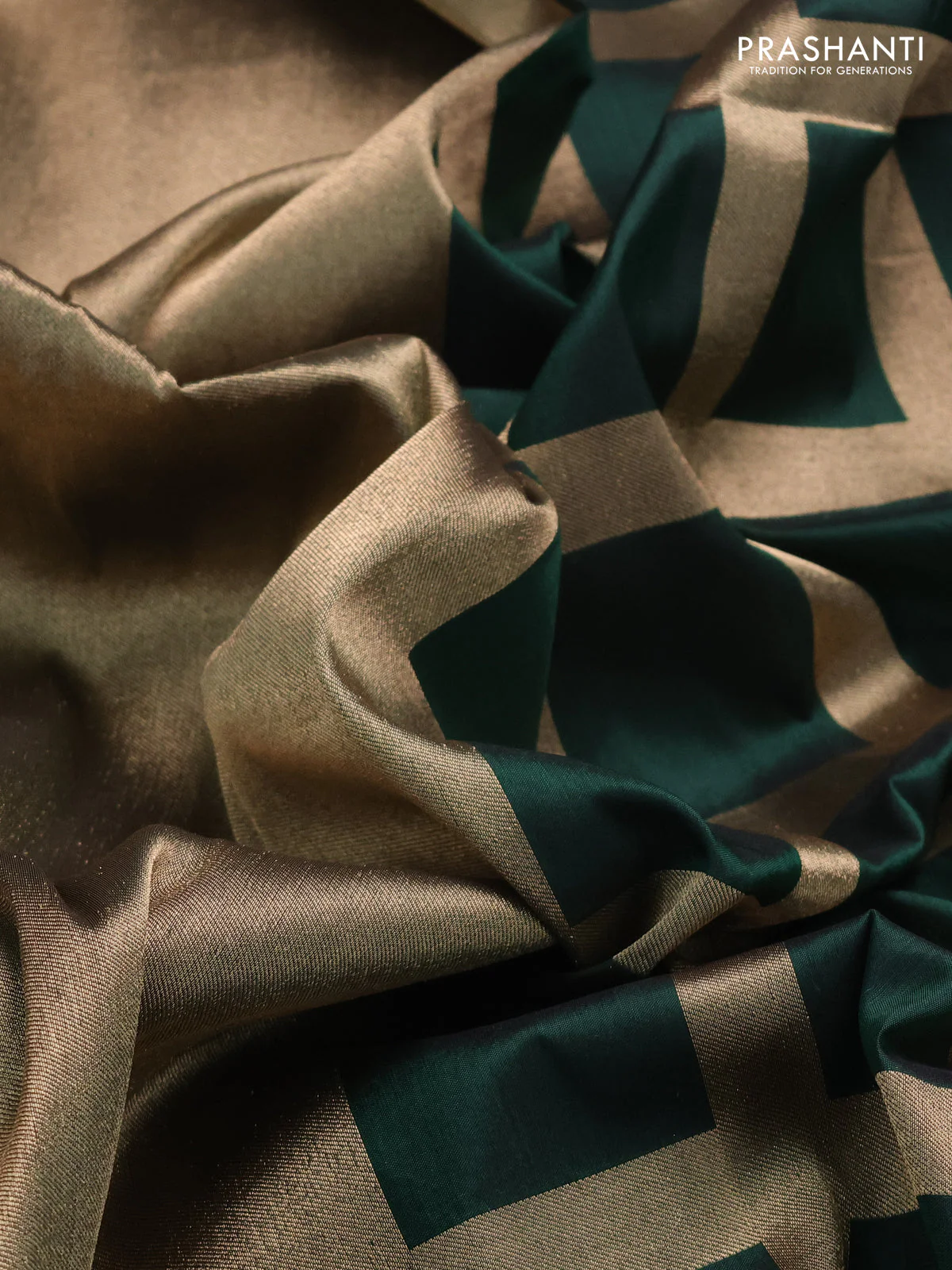 Banarasi tissue partly saree gold and green with plain body and piping border - Image 4