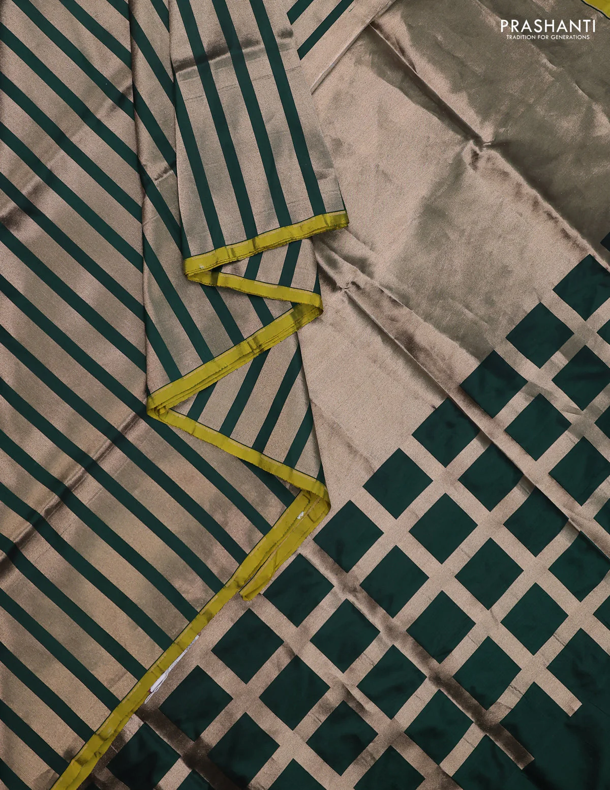 Banarasi tissue partly saree gold and green with plain body and piping border - Image 2