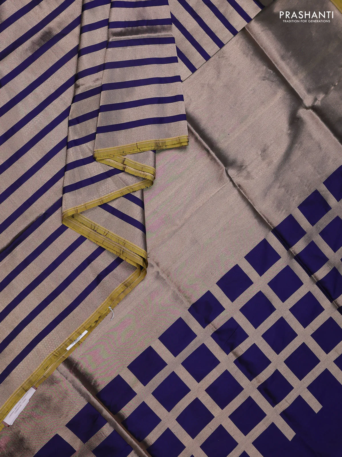 Banarasi tissue partly saree gold and navy blue with plain body and piping border - Image 2
