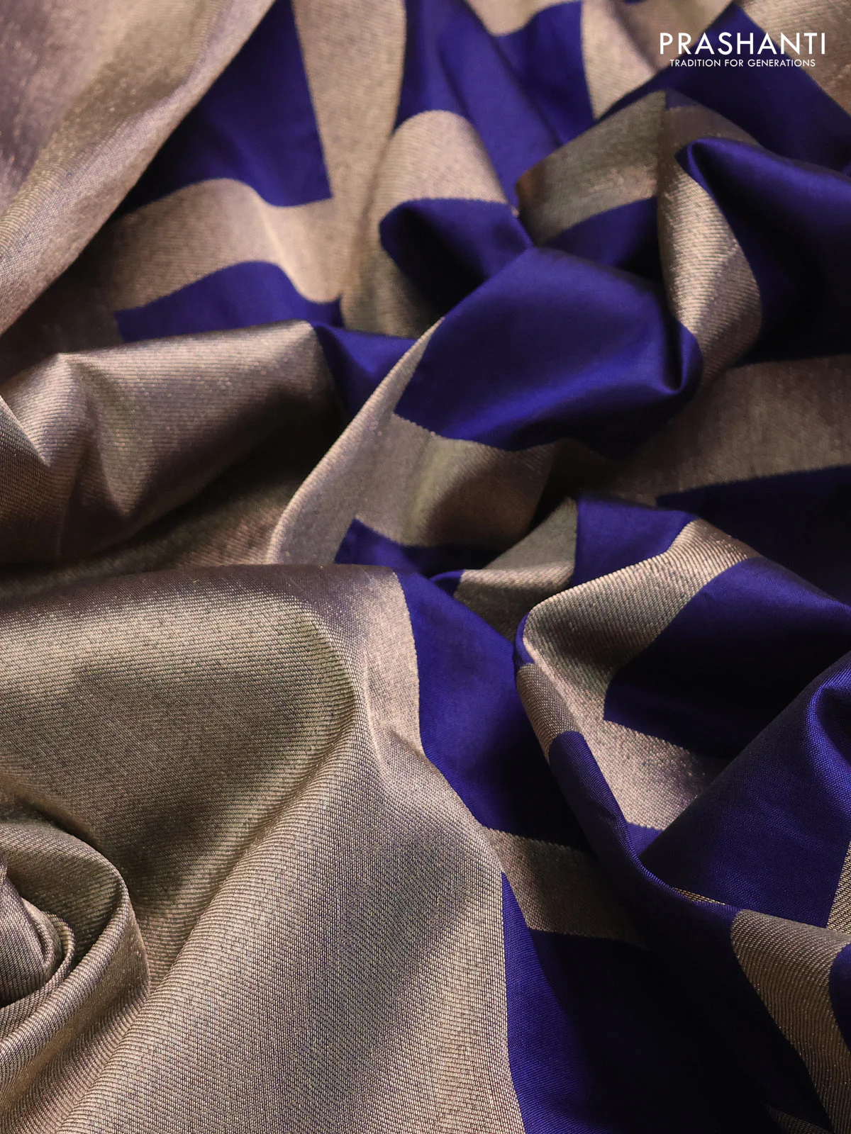 Banarasi tissue partly saree gold and navy blue with plain body and piping border - Image 4