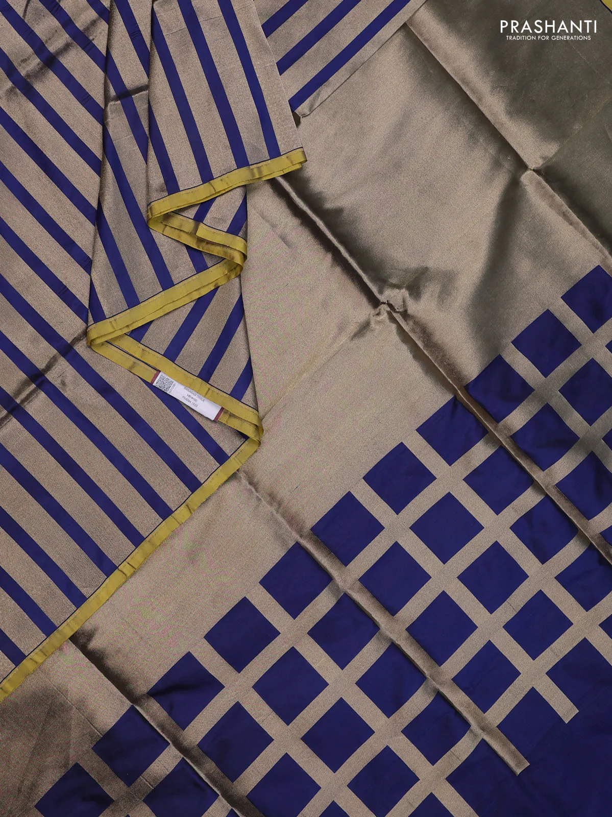 Banarasi tissue partly saree gold and navy blue with plain body and piping border - Image 2
