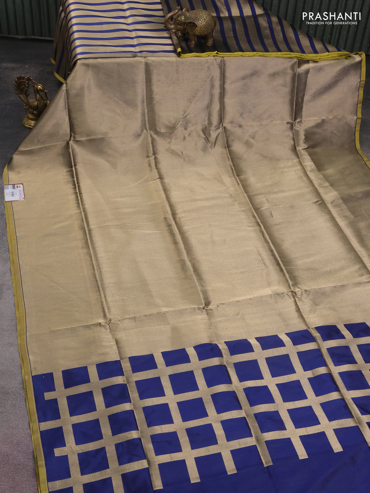 Banarasi tissue partly saree gold and navy blue with plain body and piping border - Image 3