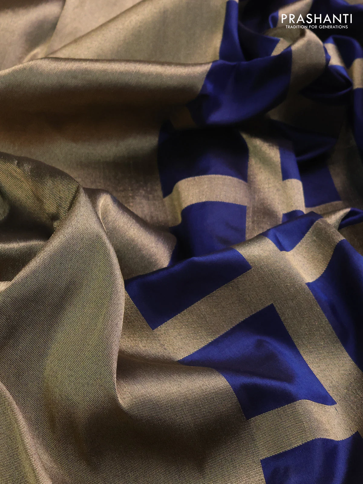 Banarasi tissue partly saree gold and navy blue with plain body and piping border - Image 4