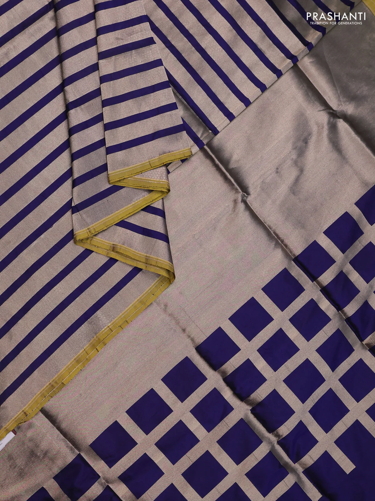 Banarasi tissue partly saree gold and navy blue with plain body and piping border - Image 2