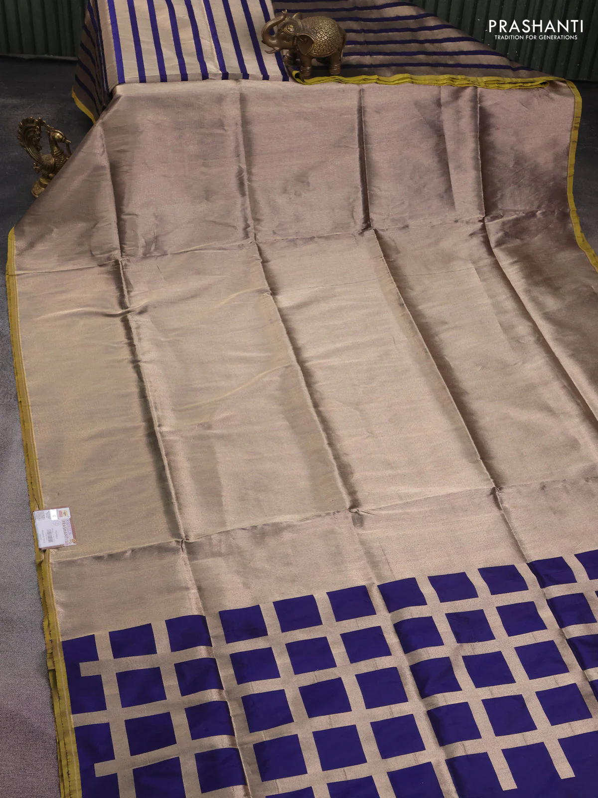 Banarasi tissue partly saree gold and navy blue with plain body and piping border - Image 3