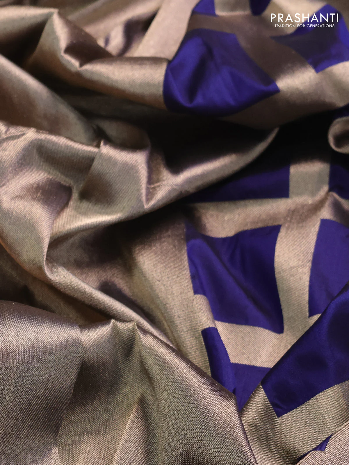 Banarasi tissue partly saree gold and navy blue with plain body and piping border - Image 4